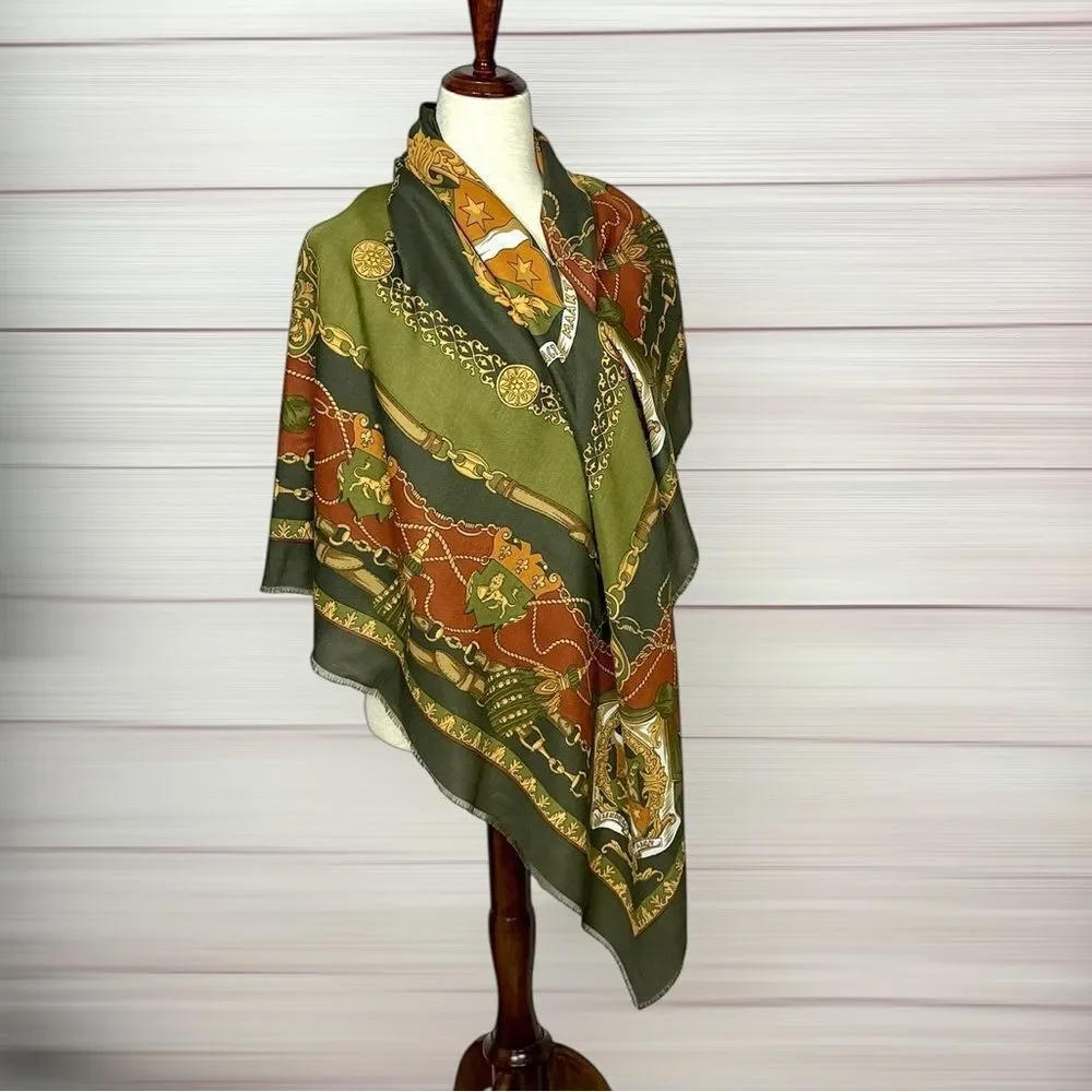 Art of the Scarf Large Square Scarf Shawl Baroque Style Green Terracotta  Italy